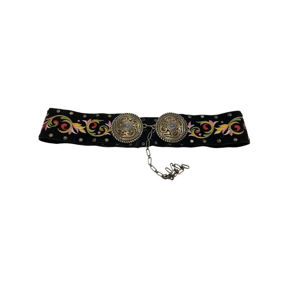Vintage 1980s Black Suede Concho Belt Floral Embroidered Jeweled Boho Chain